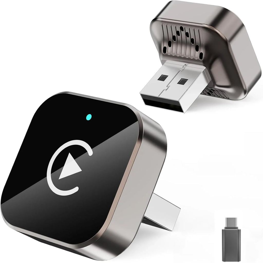 Wireless CarPlay adapter with USB connector shown on a white background.