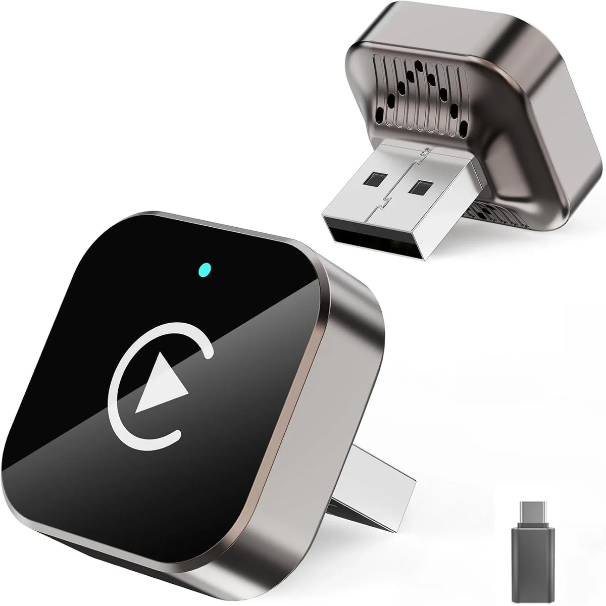 Wireless CarPlay adapter with USB connector shown on a white background.