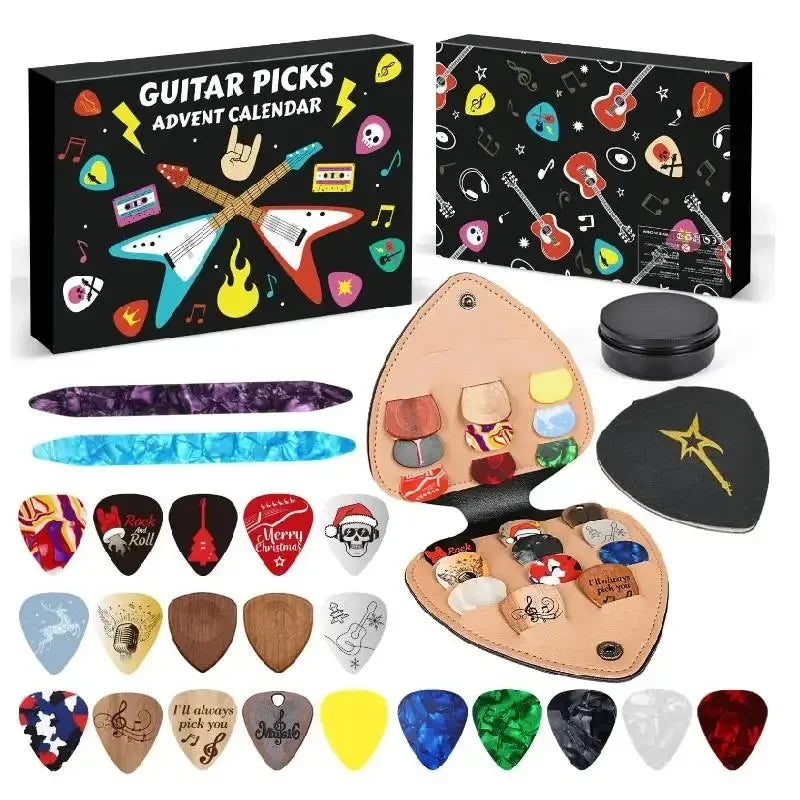 PickJoy guitar pick countdown calendar box with several guitar picks displayed.