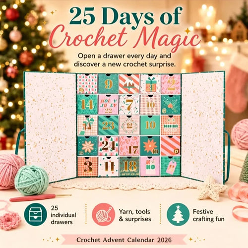 CozyStitch advent calendar box with yarn and pattern cards displayed on a table.